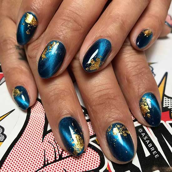 Blue Glitter Nails with Night Sky Design