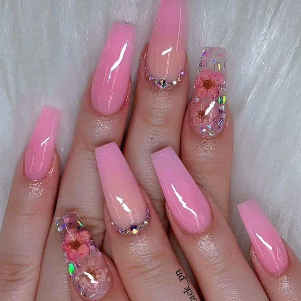 Pink Colored Nails with Clear Tips and Different Shapes