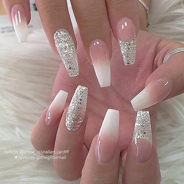 French Coffin Nails with Ombre Glitter