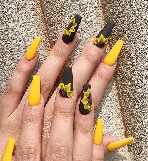 Yellow Nail Designs Coffin Shape with Sunflowers