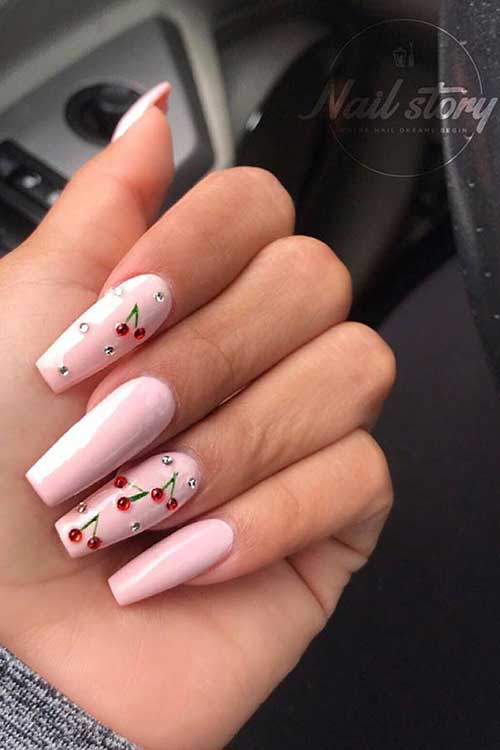 Cute Pink Nails with Cherries