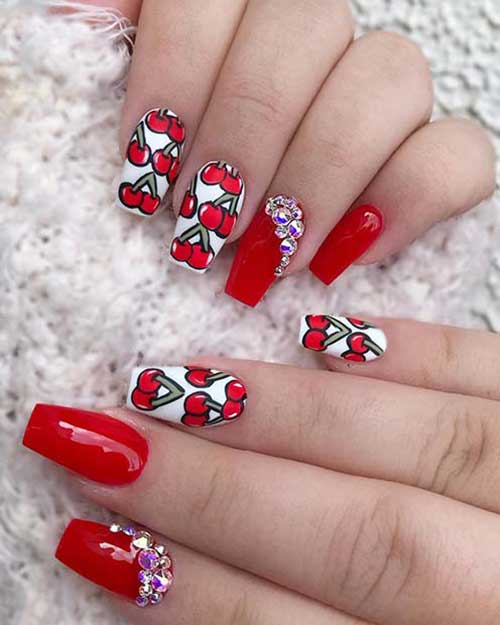 Red Nails with Bold Cherry Art