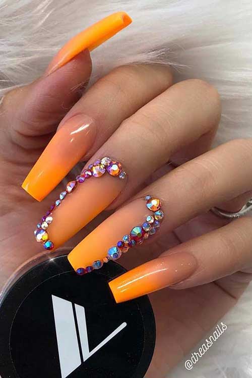 Bold Orange Nails with Rhinestones