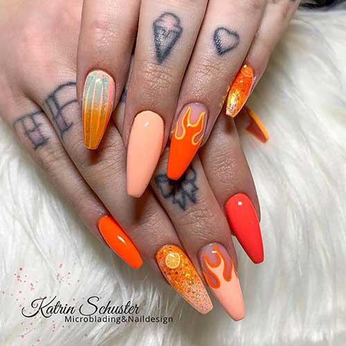 Bright Nail Design With Flames