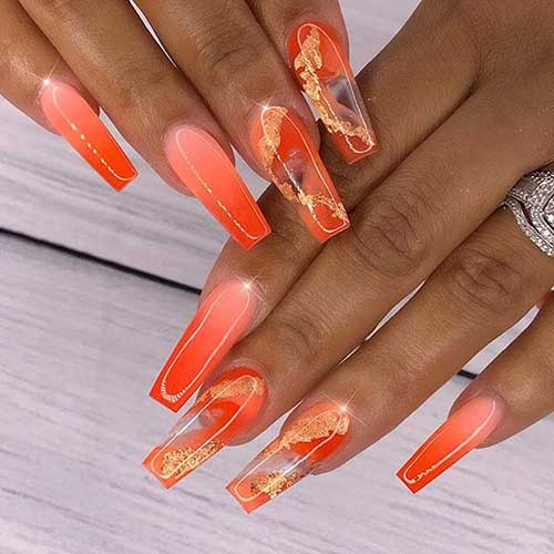 Glam Orange Nails With Gold Foil