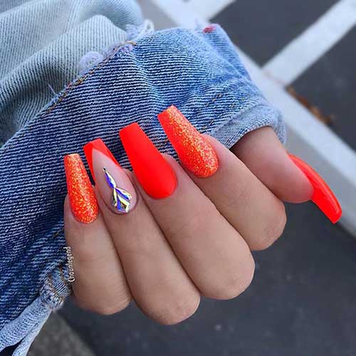 Orange-Glitter-and-Rhinestones nails