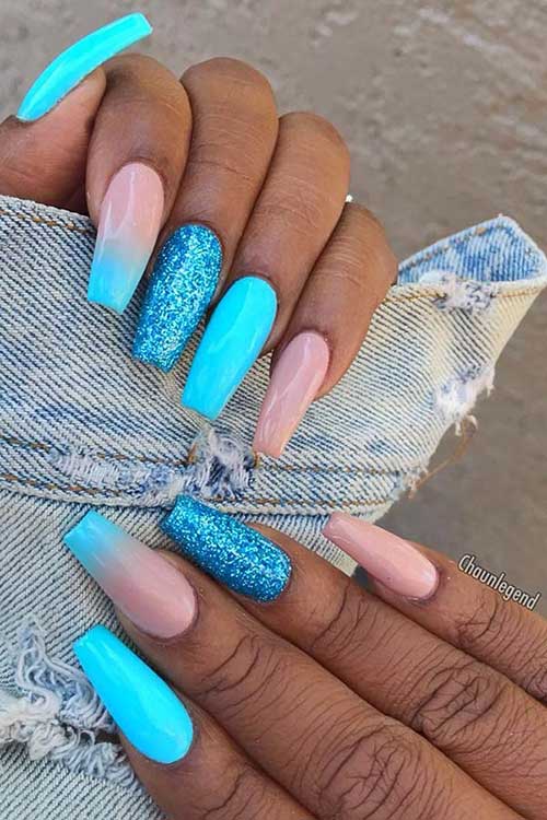 Bright Blue Ombre Glitter Nails
