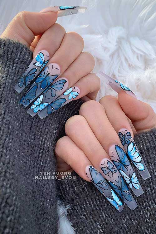 Bold Manicure with Blue Butterflies