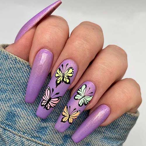 Long Purple Butterfly Nails