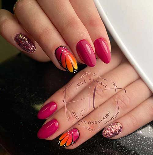 Pink Butterfly Nails with Glitter