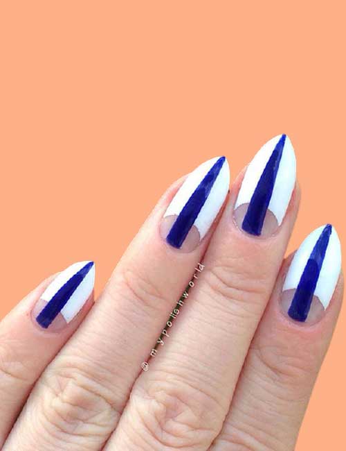 Short Stiletto Nails with Blue Stripes