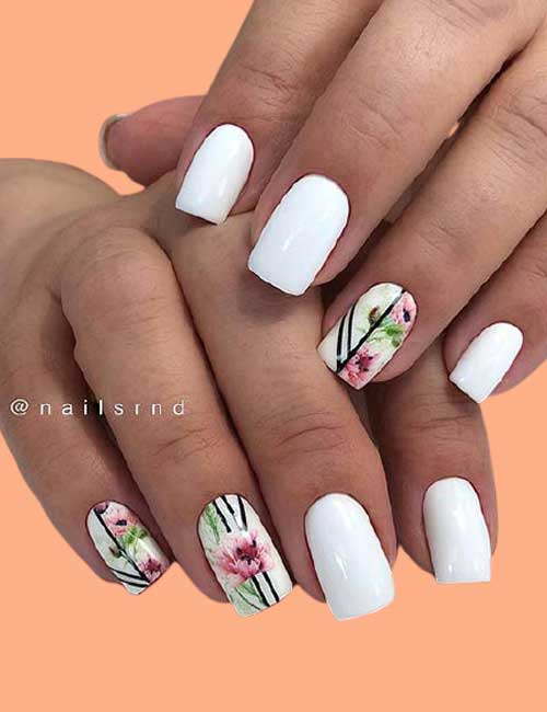Short White Nails with Floral Art