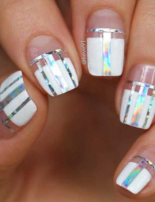 Trendy Short Nail Art with Silver Stripes