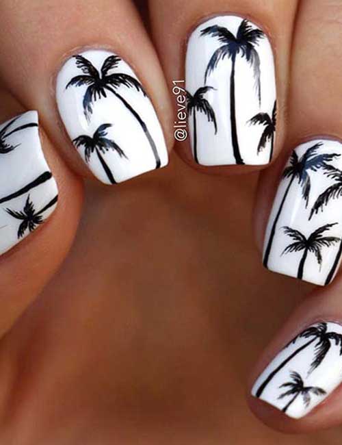 Tropical Palm Trees Short white Nails